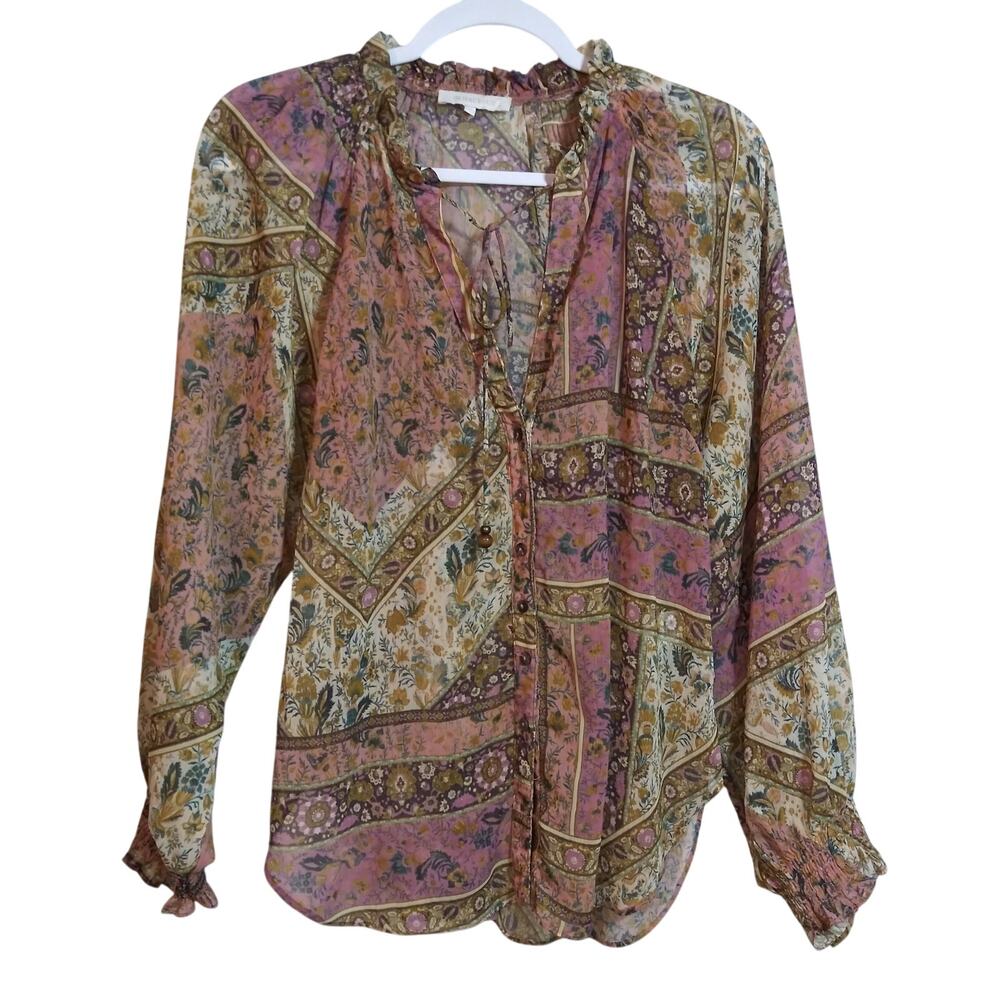 Olivaceous Boho Patchwork Sheer Ruffle Collar Blouse Size S